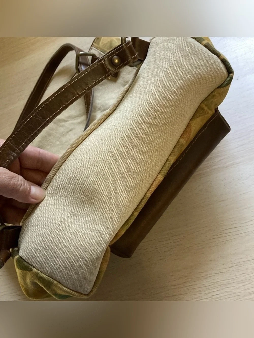Multicolor Geometric Canvas Backpack with Brown Leather Pocket, Cott n Curls
